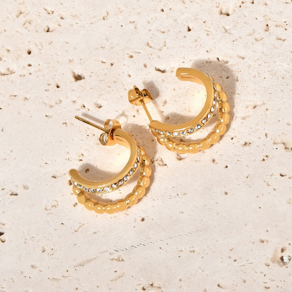 Stainless steel C-shaped double row beads set with zirconium earrings