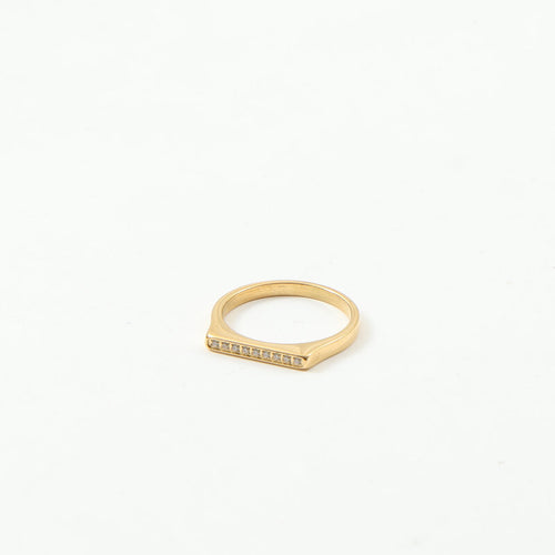 A golden stainless steel D-shaped ring set with fine diamonds