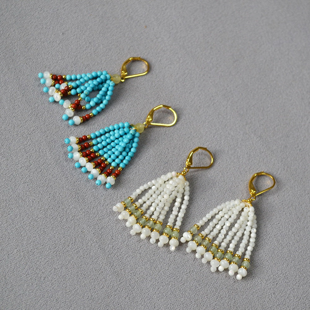 Turquoise shell handcrafted beaded tassel earrings