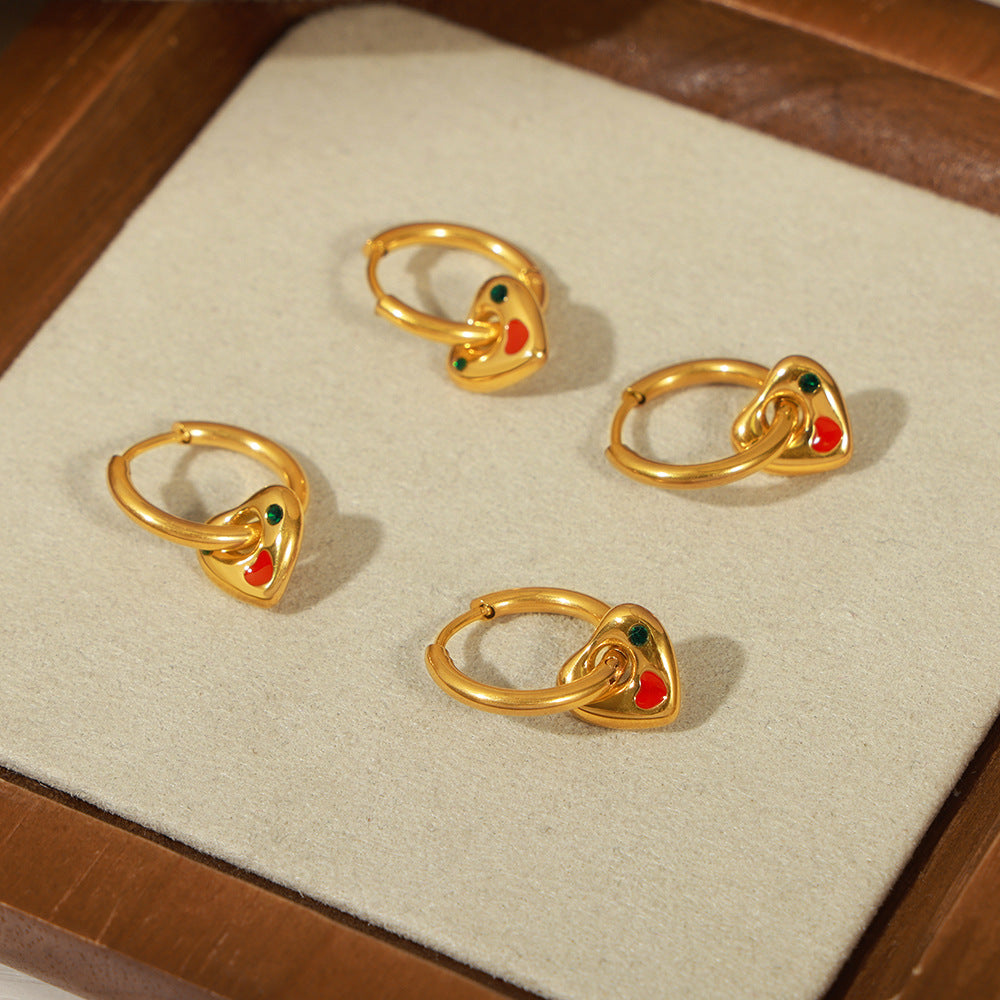 Stainless steel oil-dropped zirconium heart-shaped pendant earrings