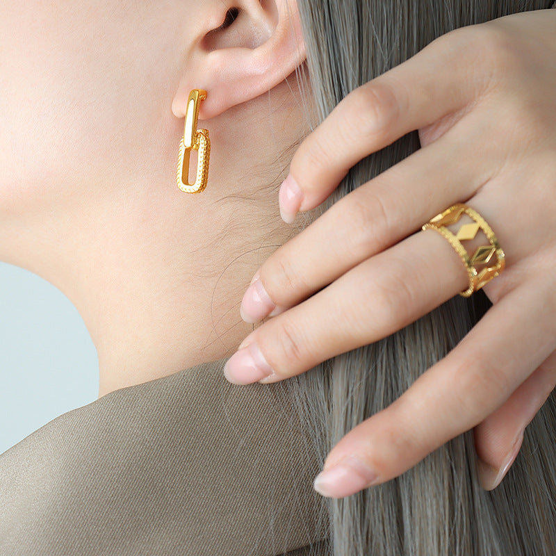 Stainless steel gold-plated geometric square-framed texture earrings