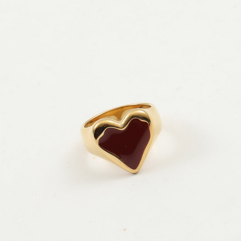 18K gold stainless steel oil-dripping red heart-shaped wide face ring
