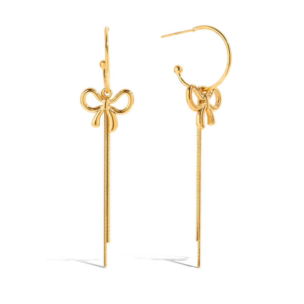 18K gold stainless steel hollow bow tassel C-shaped earrings