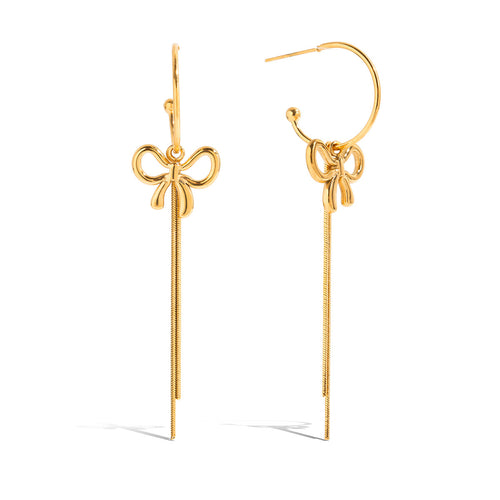 18K gold stainless steel hollow bow tassel C-shaped earrings