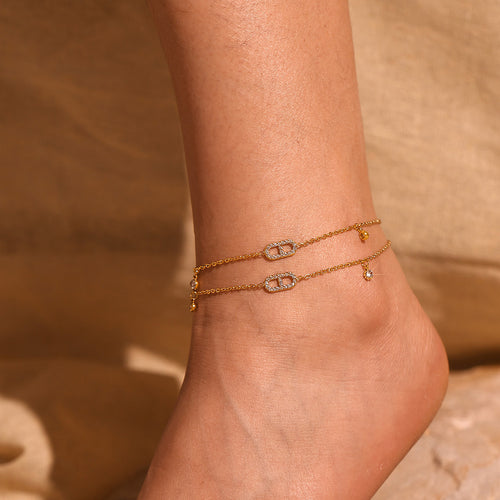 Golden stainless steel foot chain with zirconium inlaid foot chain