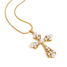 Load image into Gallery viewer, Stainless steel pearl style hollowed-out cross pendant necklace