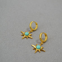Load image into Gallery viewer, Octagonal star inlaid with turquoise and gilded brass ear buckles