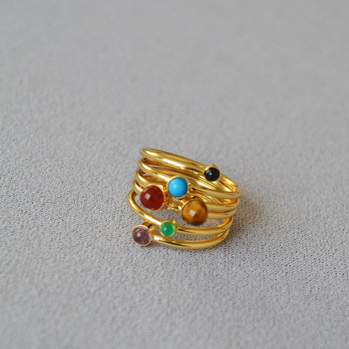 A multi-layer wound line inlaid natural stone brass gold-plated ring