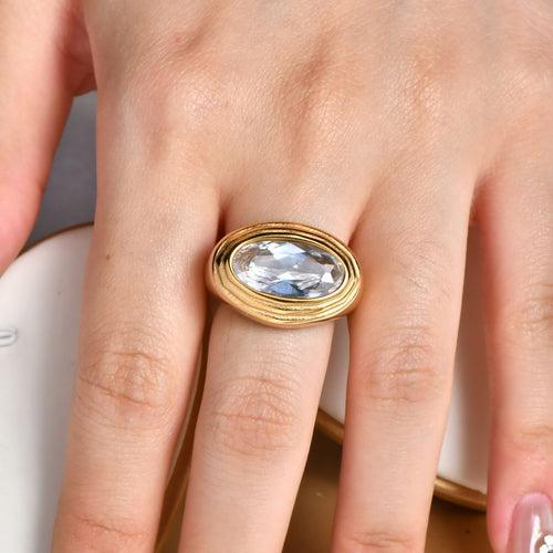 18K gold large oval zircon stainless steel ring