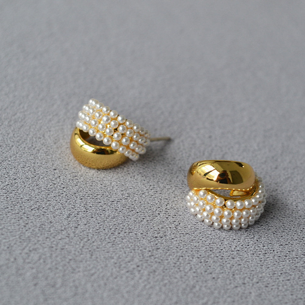 Double C-cross brass gold-plated earrings set with imitation pearl 925 silver needle