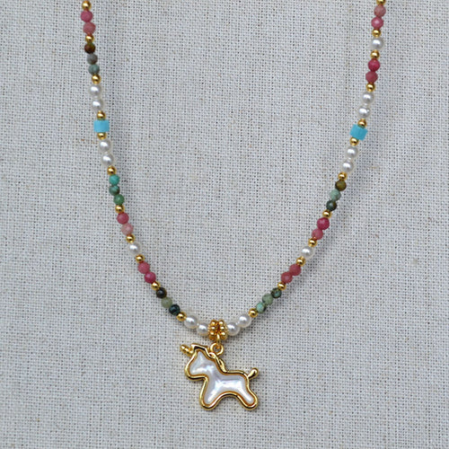 Colorful natural stone imitation pearl beaded unicorn pony pendant necklace