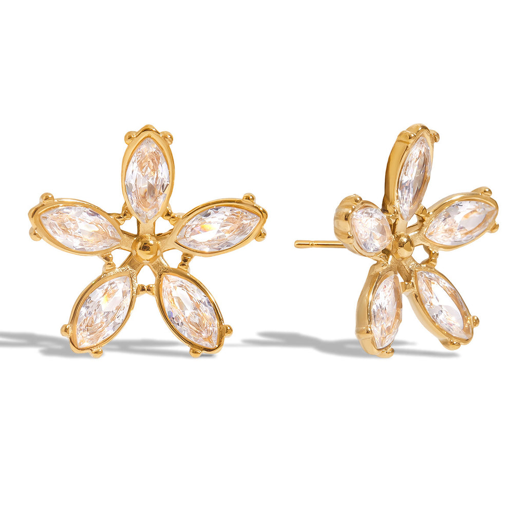 18K gold stainless steel white zircon flower earrings