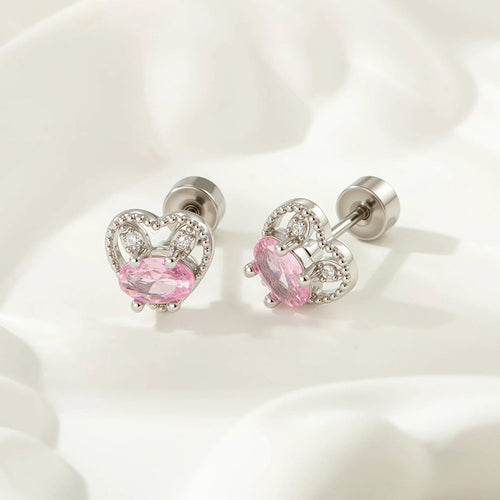 Stainless steel pink heart-shaped rabbit stud earrings, double-ended screw stud earrings