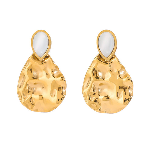 18K gold stainless steel hammer-textured teardrop-shaped cat's eye earrings