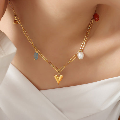 Stainless steel heart-shaped freshwater pearl natural stone pendant necklace collarbone chain