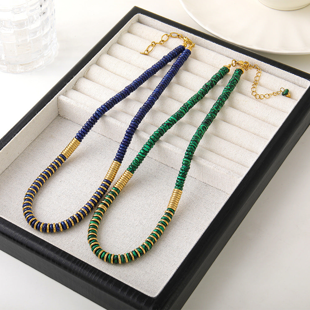 Natural stone lapis lazuli frisbee beaded necklace