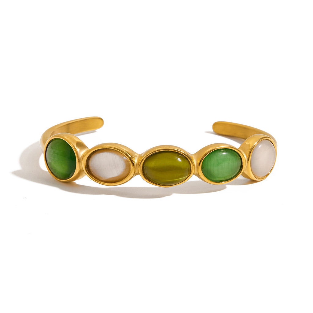 18K gold stainless steel green and white cat's eye open bracelet