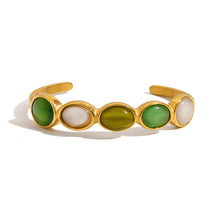 Load image into Gallery viewer, 18K gold stainless steel green and white cat&#39;s eye open bracelet