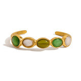 18K gold stainless steel green and white cat's eye open bracelet