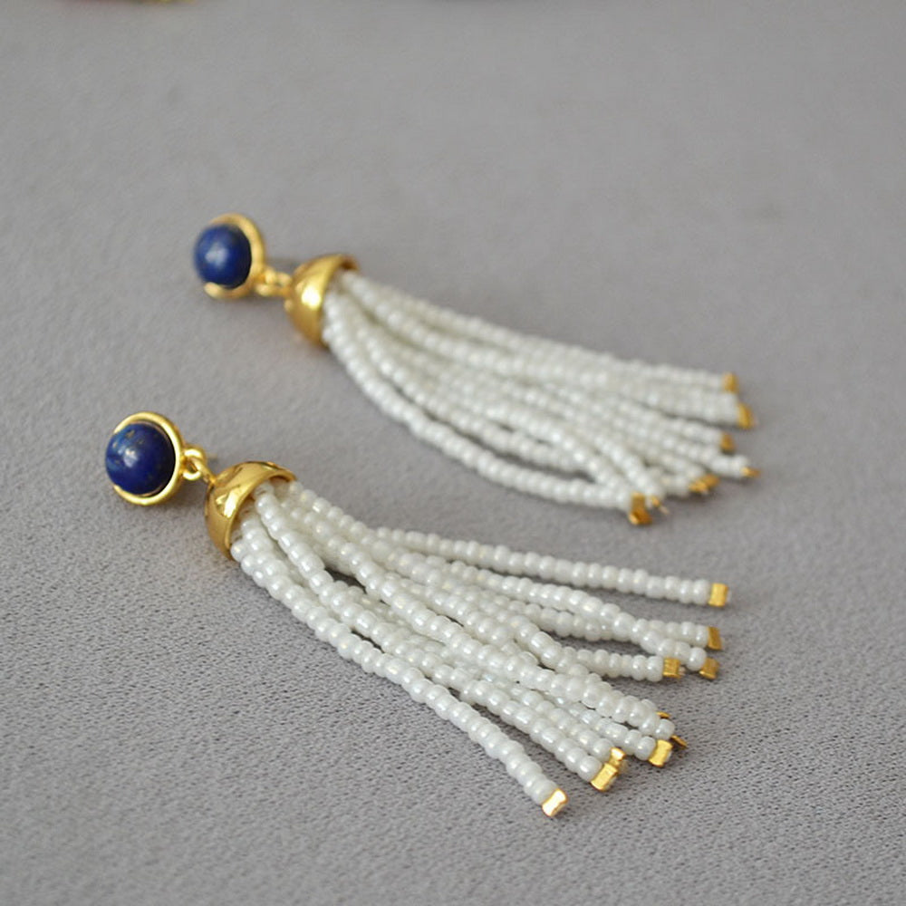 Lapis lazuli white rice bead tassel 925 silver needle earrings