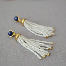Load image into Gallery viewer, Lapis lazuli white rice bead tassel 925 silver needle earrings