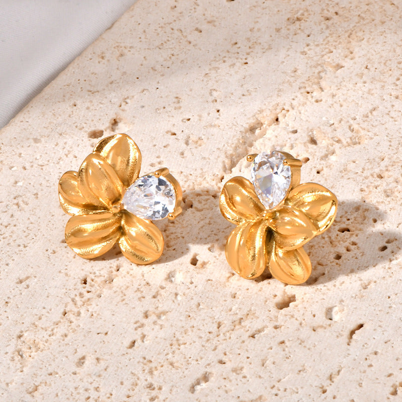 Stainless steel flower-encrusted stud earrings