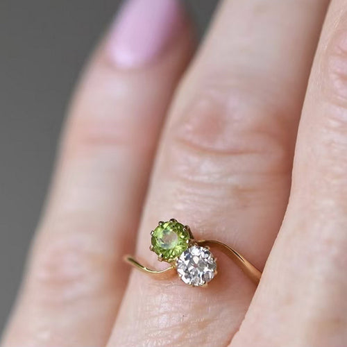 White zircon and green zircon double-piece ring