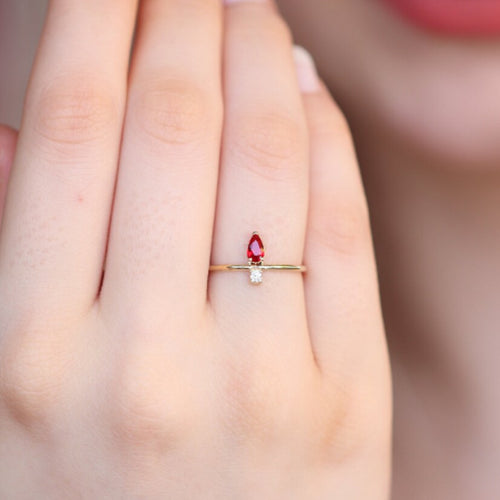 18K gold red zircon white zircon double-piece fine ring