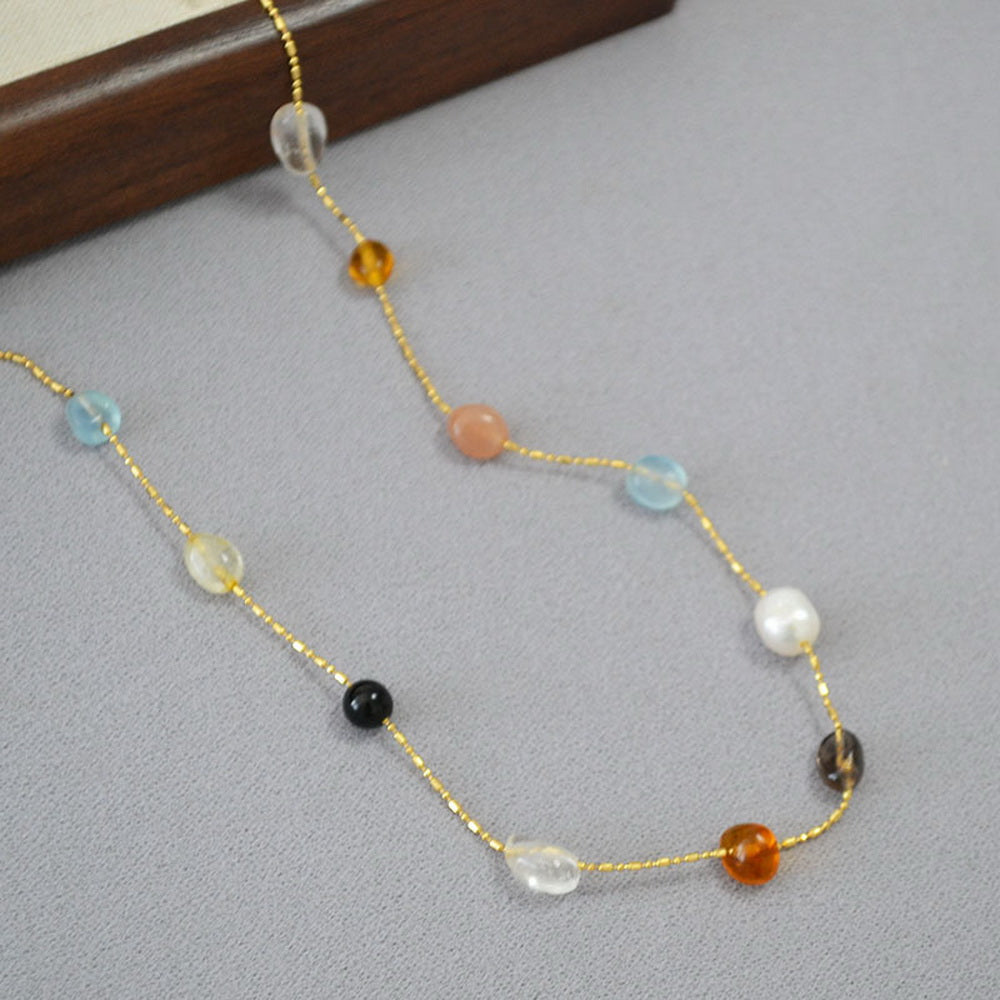 Irregular crystal stone pearl beaded necklace