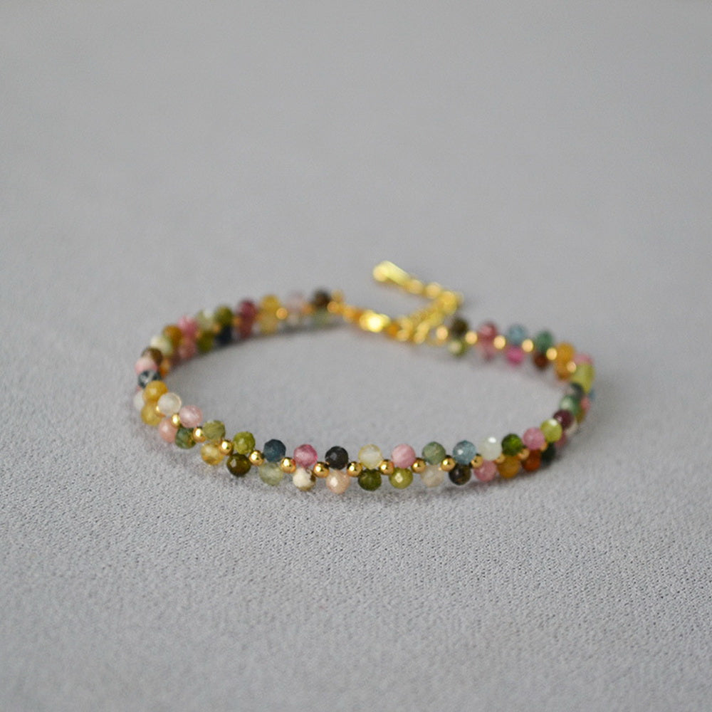 Colorful tourmaline natural stone woven flower beaded bracelet