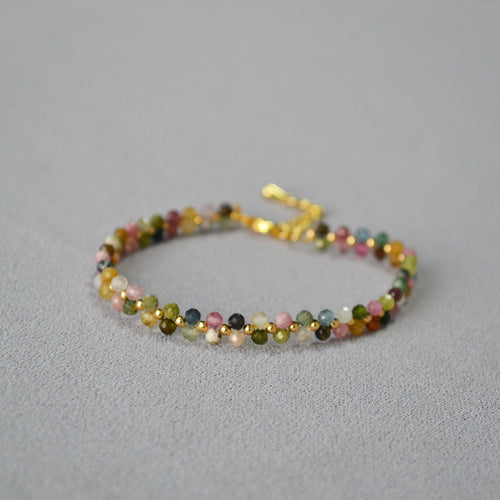 Colorful tourmaline natural stone woven flower beaded bracelet