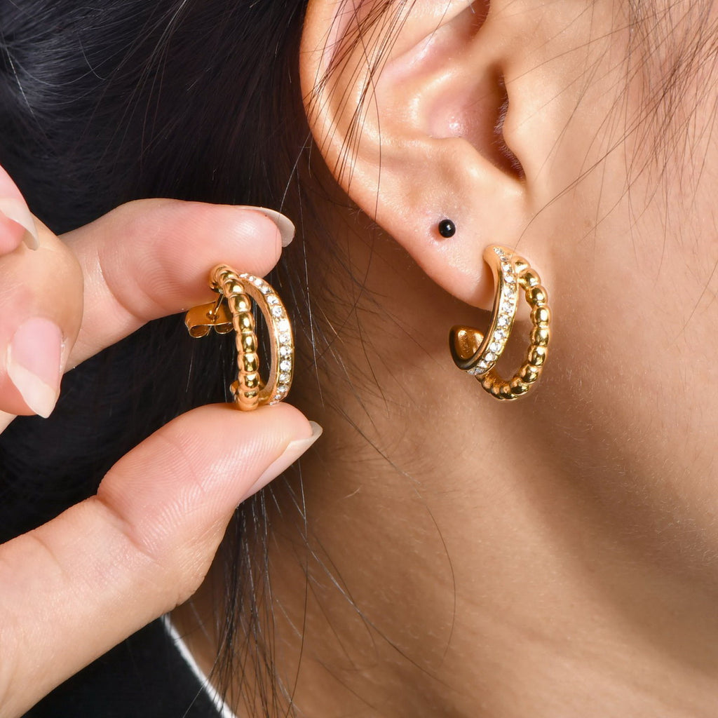 Stainless steel C-shaped double row beads set with zirconium earrings