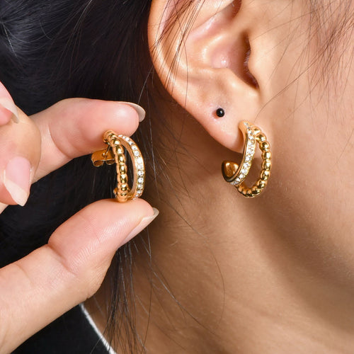 Stainless steel C-shaped double row beads set with zirconium earrings