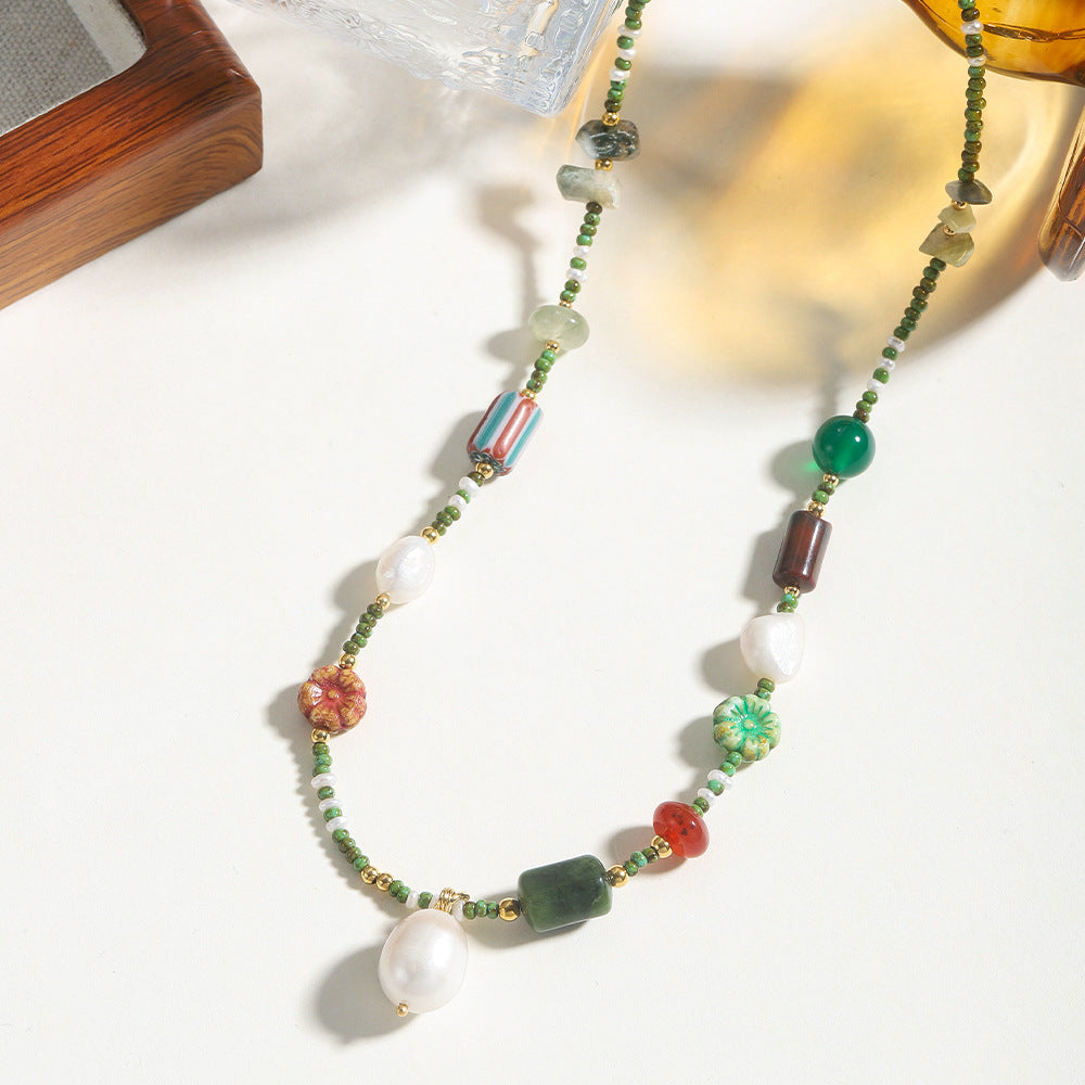 Natural stone freshwater pearl pendant, hand-beaded necklace