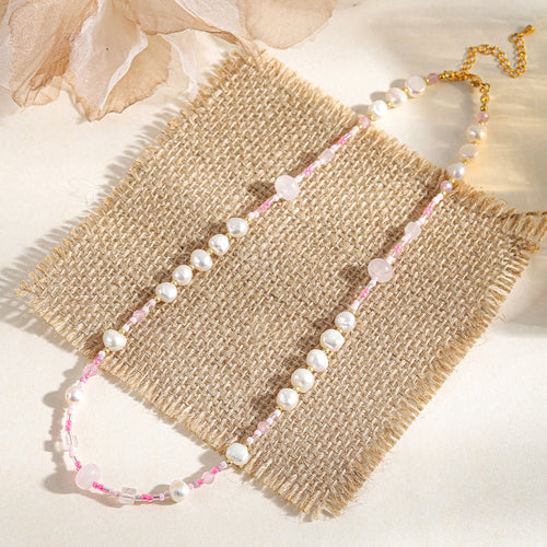 Natural freshwater pearl, colored rice beads, handcrafted beaded necklace