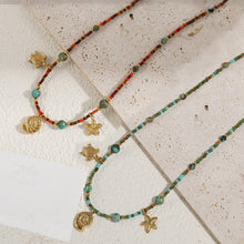 Load image into Gallery viewer, Natural green turquoise starfish beaded necklace