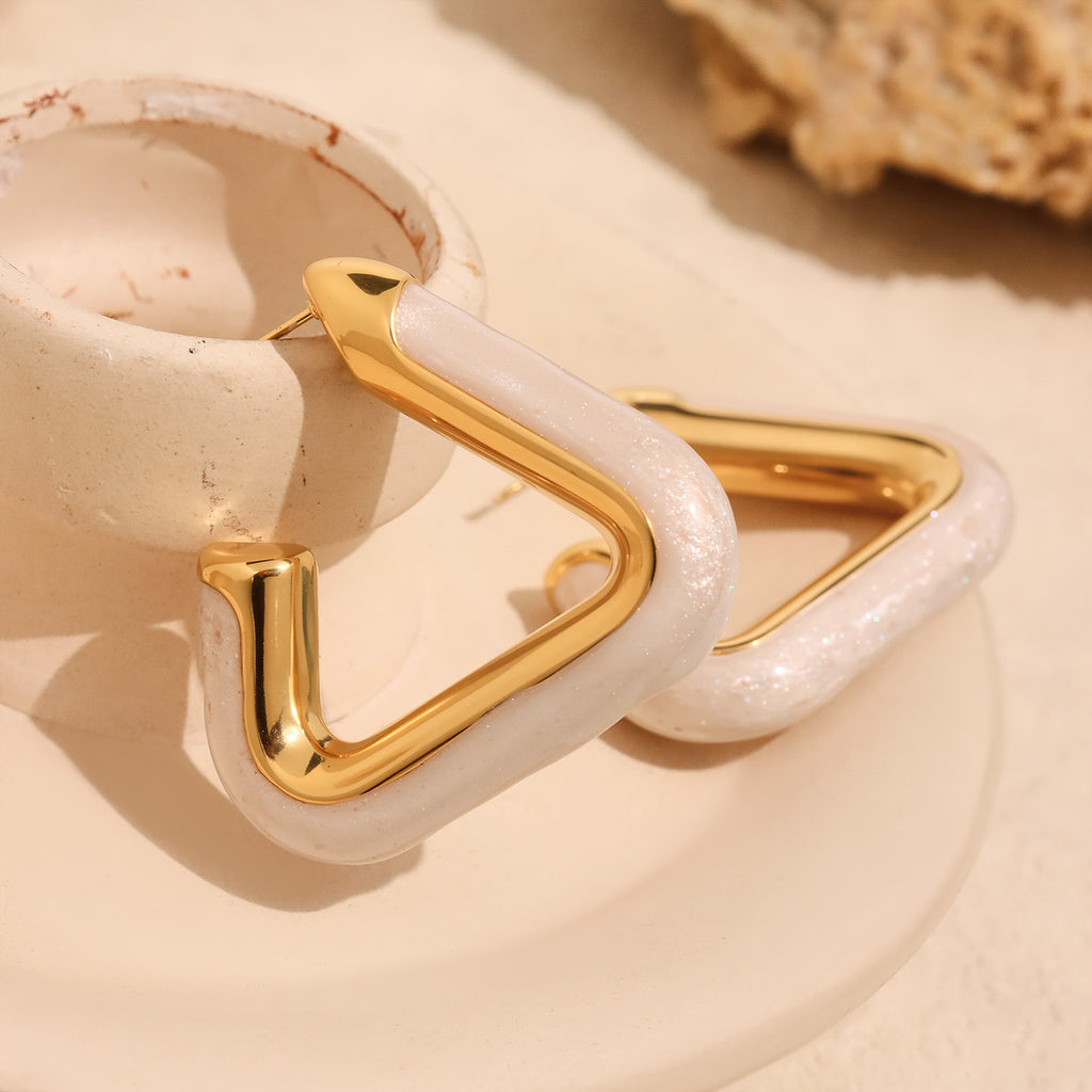 Stainless steel oil-dripping white triangular hollow earrings