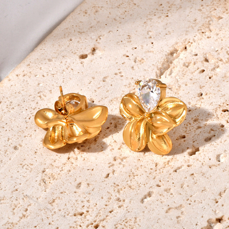 Stainless steel flower-encrusted stud earrings