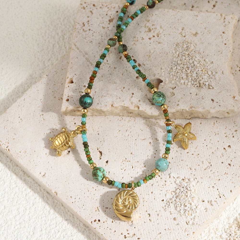 Natural green turquoise starfish beaded necklace