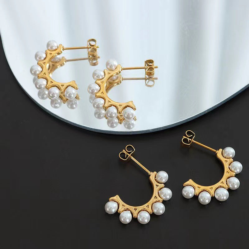 Stainless steel pearl-like C-shaped ear studs