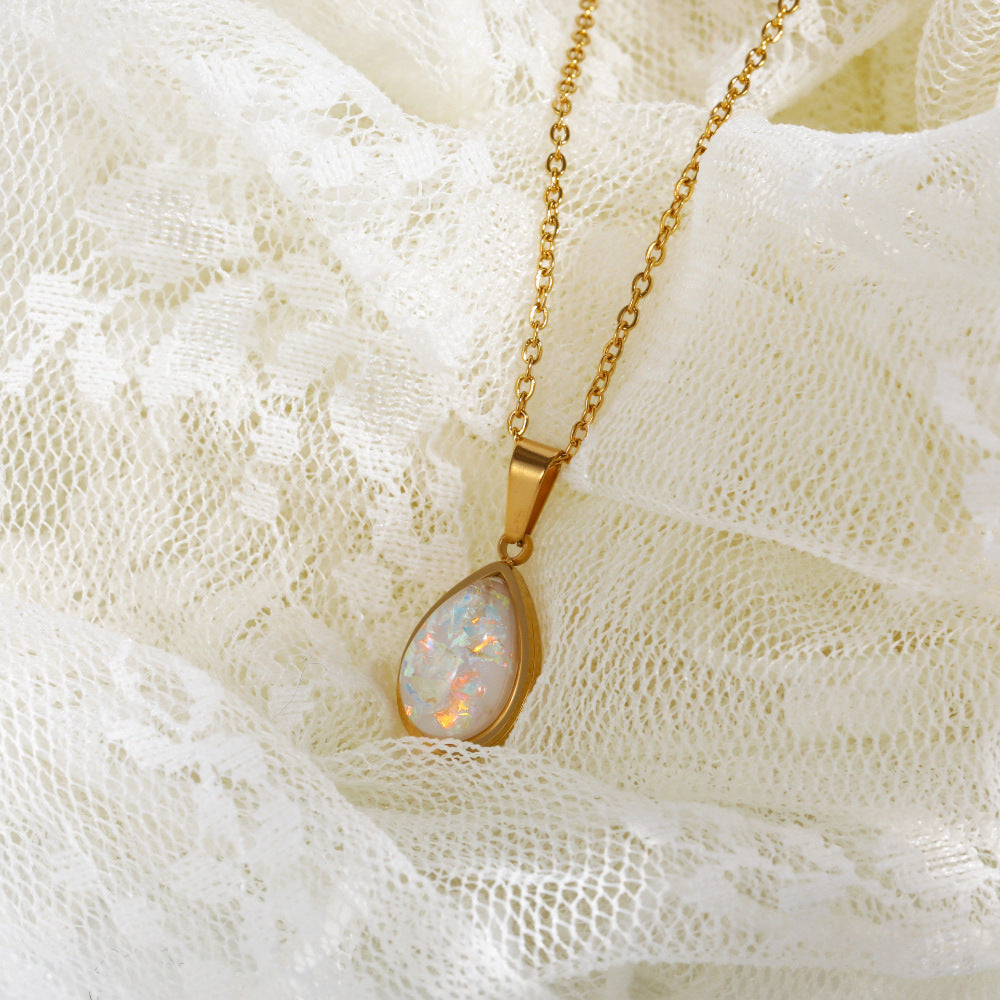 Stainless steel imitation opal opal water drop pendant necklace