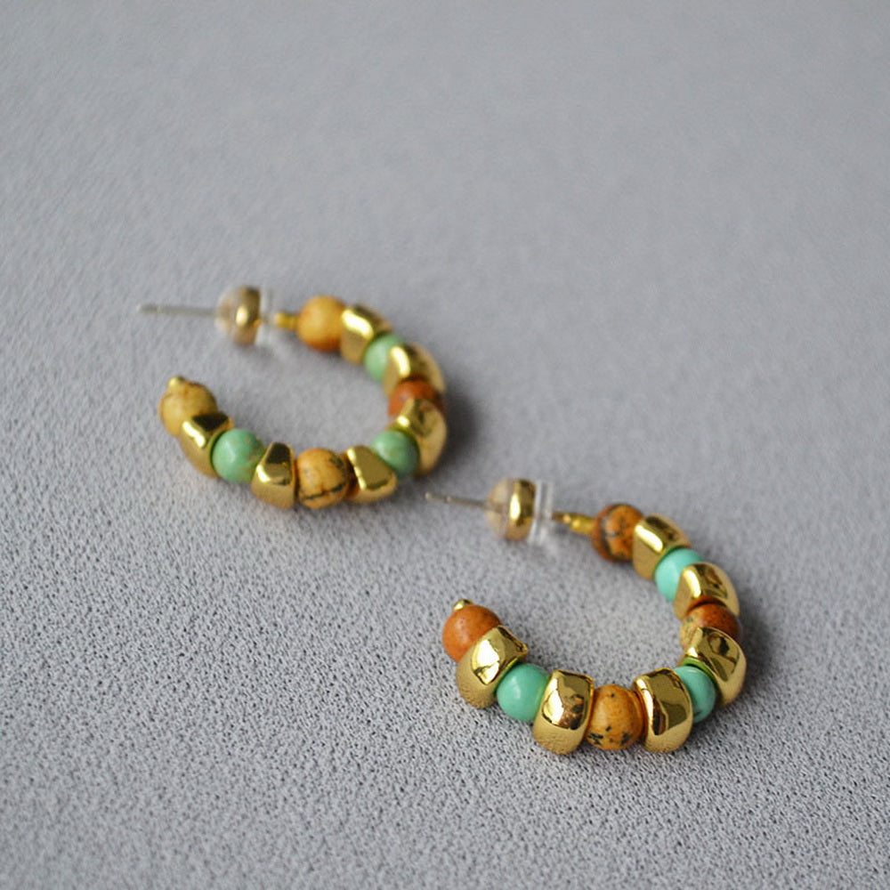 Natural stone beaded 925 silver needle C-shaped earrings