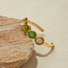 Load image into Gallery viewer, 18K gold stainless steel green and white cat&#39;s eye open bracelet