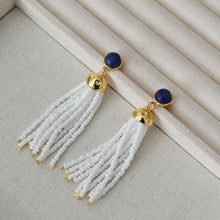 Load image into Gallery viewer, Lapis lazuli white rice bead tassel 925 silver needle earrings