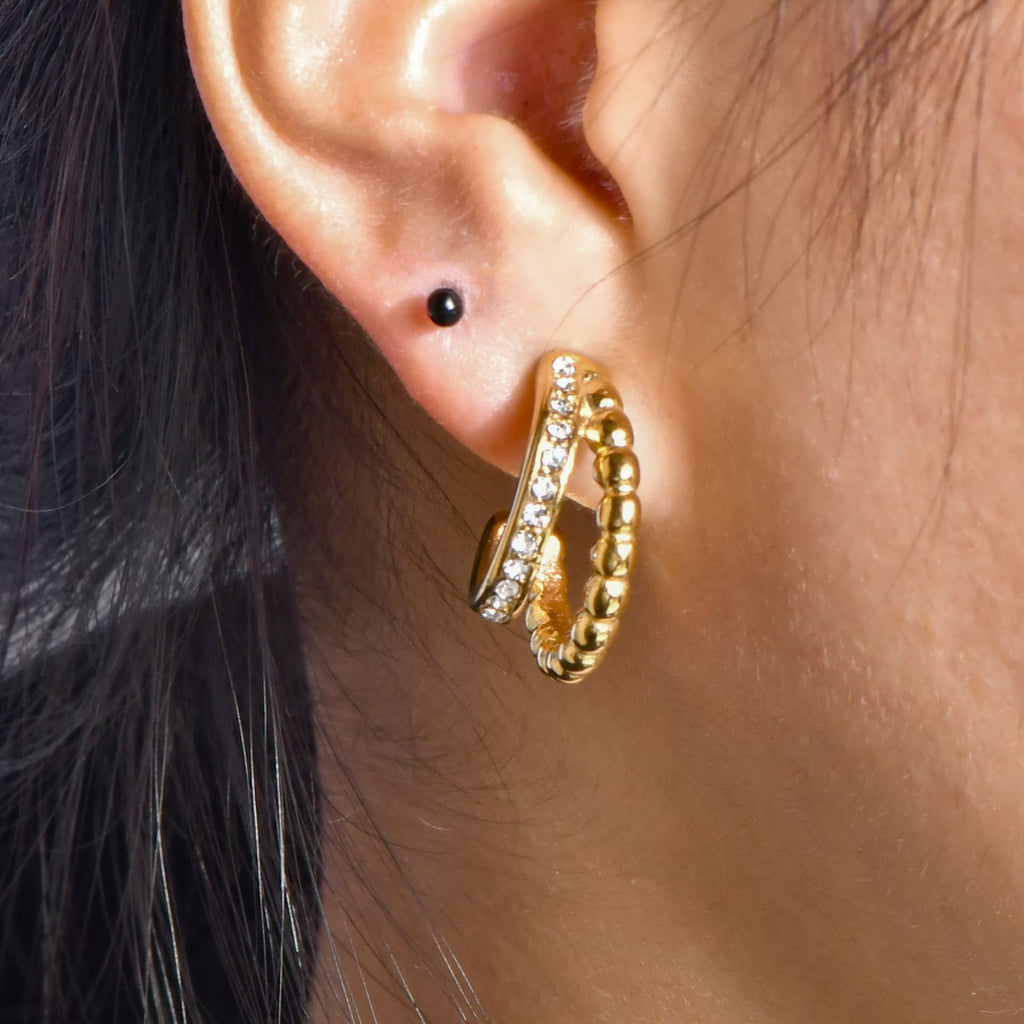 Stainless steel C-shaped double row beads set with zirconium earrings