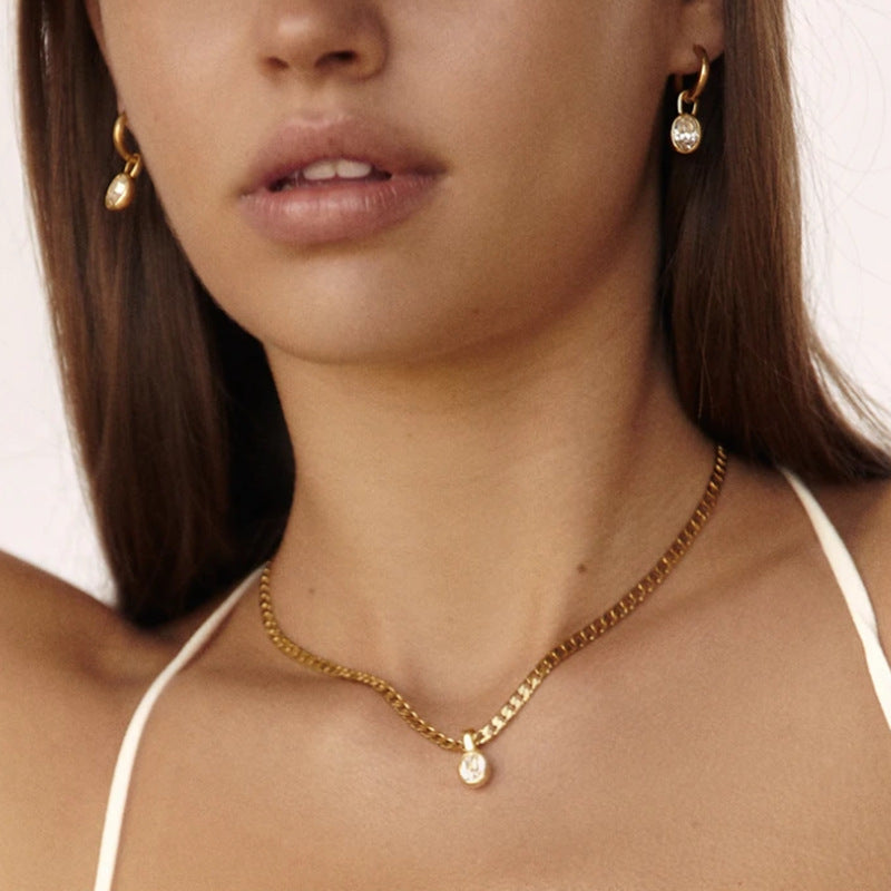 18K gold stainless steel oval zircon pendant thick chain necklace