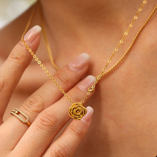 Stainless steel rose flower zircon necklace collarbone chain