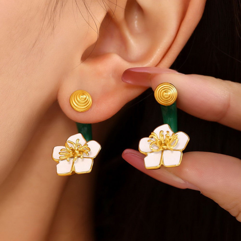 Stainless steel 18K gold-plated threaded enamel oil drip camellia double-sided stud earrings