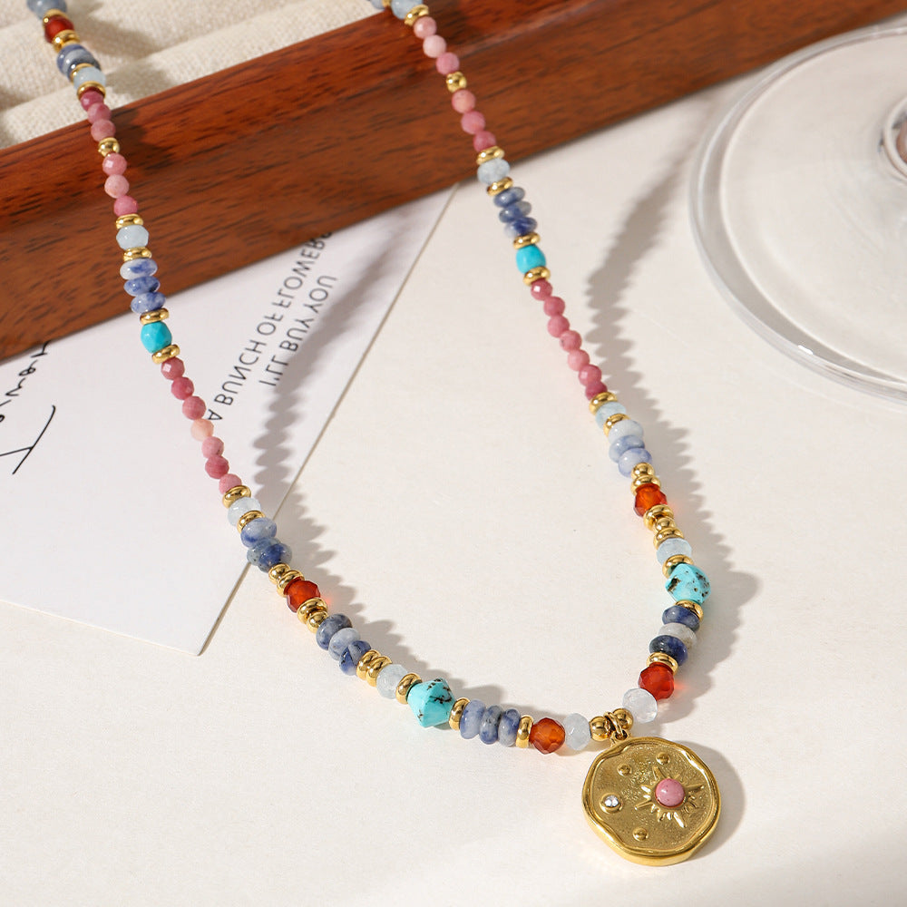 Sunflower pendant natural stone beaded necklace