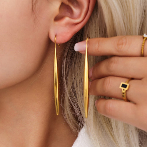 Stainless steel wolf-toothed smooth long droplet ear hook earrings